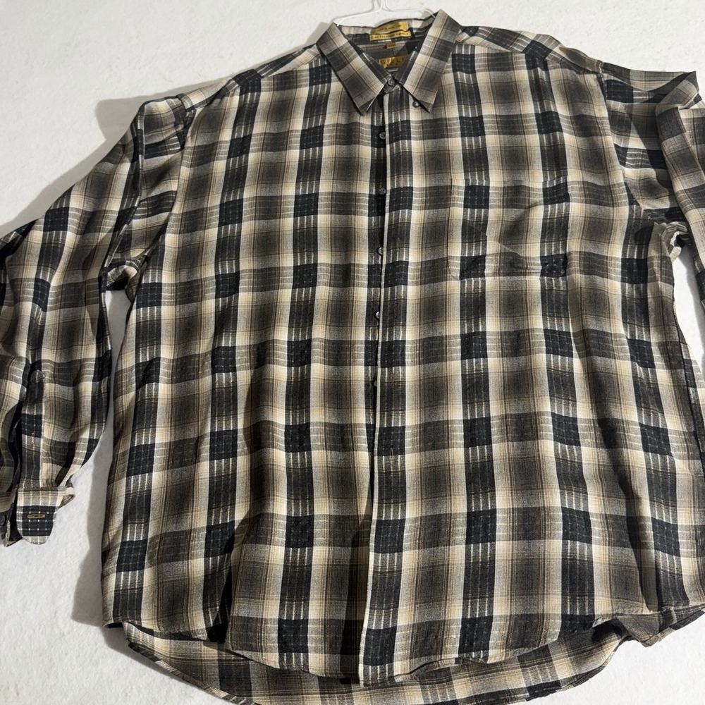 GILLIO Premier Mens XXL Plaid Button Up Shirt Rayon Made Hong Kong Vintage